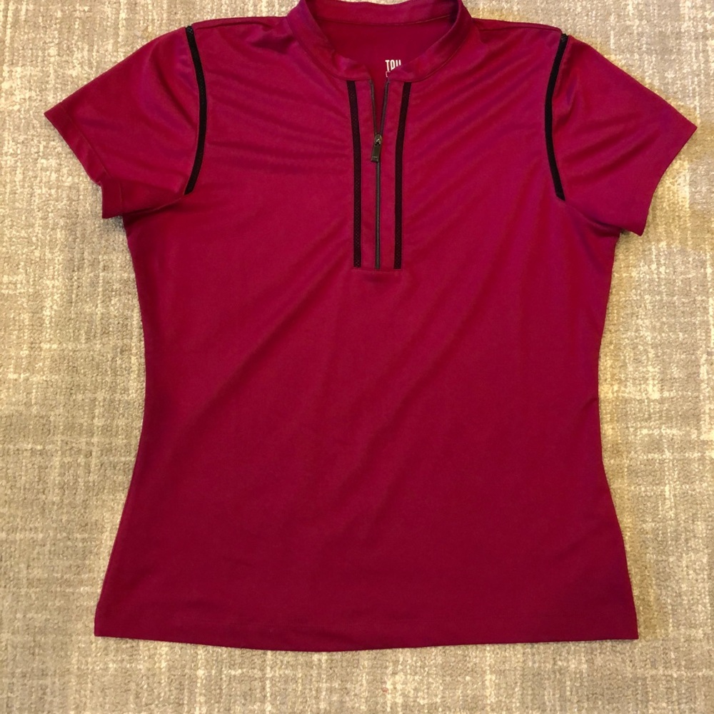 EUC Tail Women's Short Sleeve Zip Polo in Berry with Black Trim